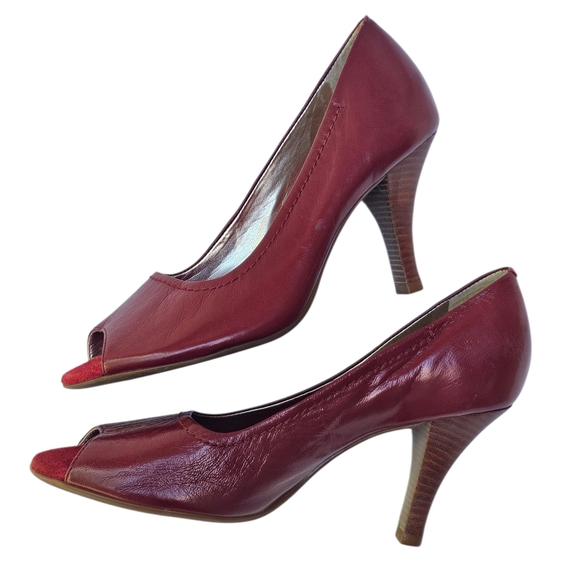 Aerosoles Red Leather Shoes Peep-Toe Heels Rockabilly Pinup - Women's Size 7.5 - Picture 2 of 14
